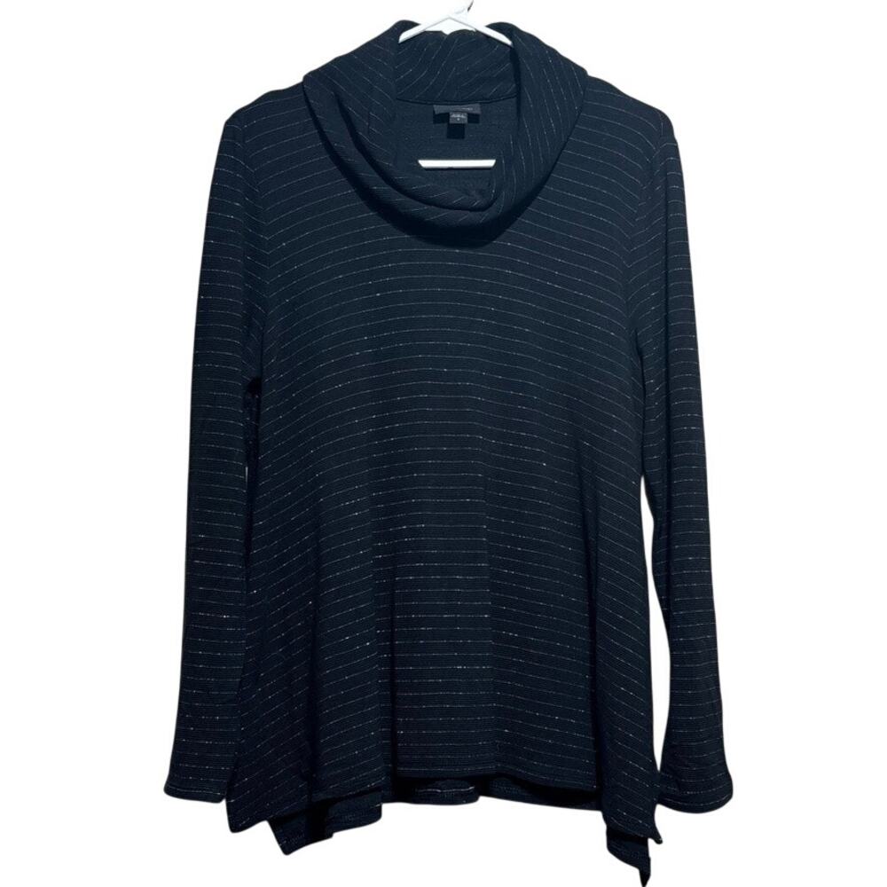 J.Jill Wearever Black Silver Pinstripe Cowl Neck Long Sleeve Top Size Medium